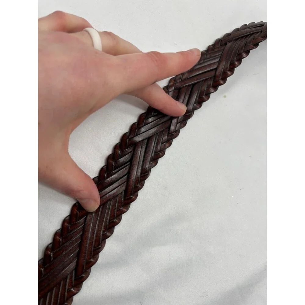 Brown Leather Woven Belt with Circular Metal Buckle